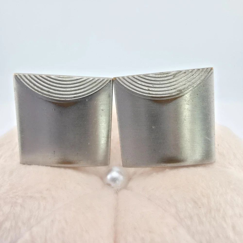 Vintage SWANK Square Cufflinks Engraved Arch Edge Art Deco Brushed Silver Tone